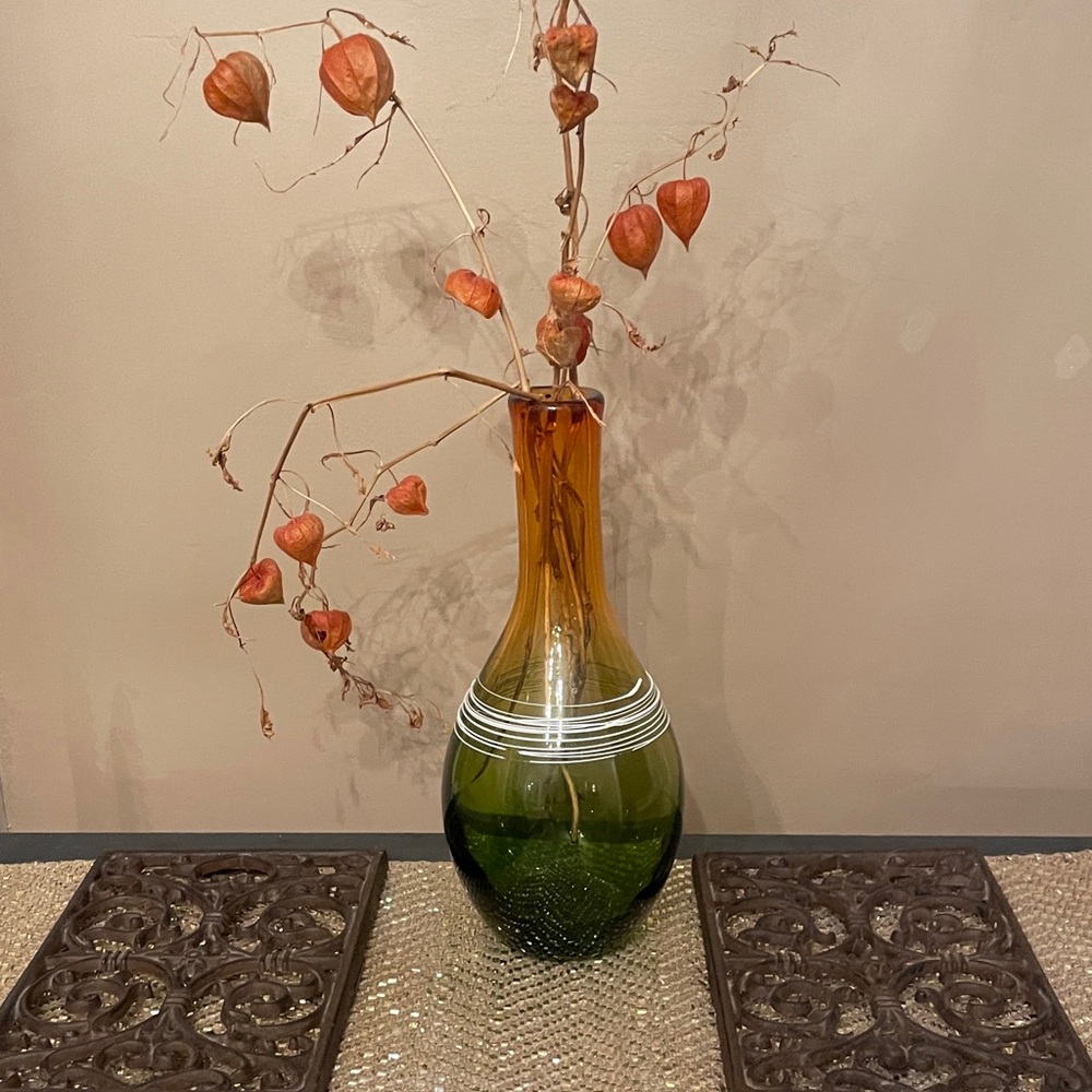 Elegant Green and Amber Glass Vase